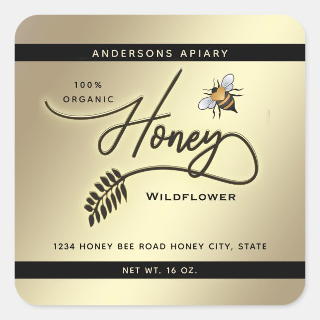 Minimalist Modern gold honey branch bee  jar   Square Sticker (Front)