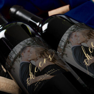Minimalist modern gold script cheers photo wedding wine label