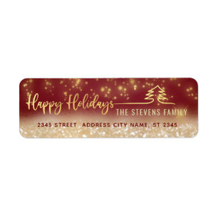 Minimalist modern gold script Happy Holidays red Return Address Label
