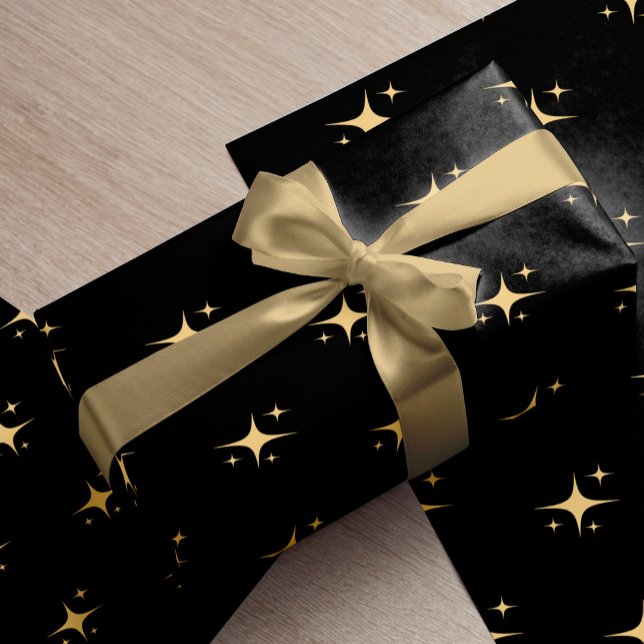 Minimalist modern gold stars black Christmas gift Wrapping Paper (Creator Uploaded)