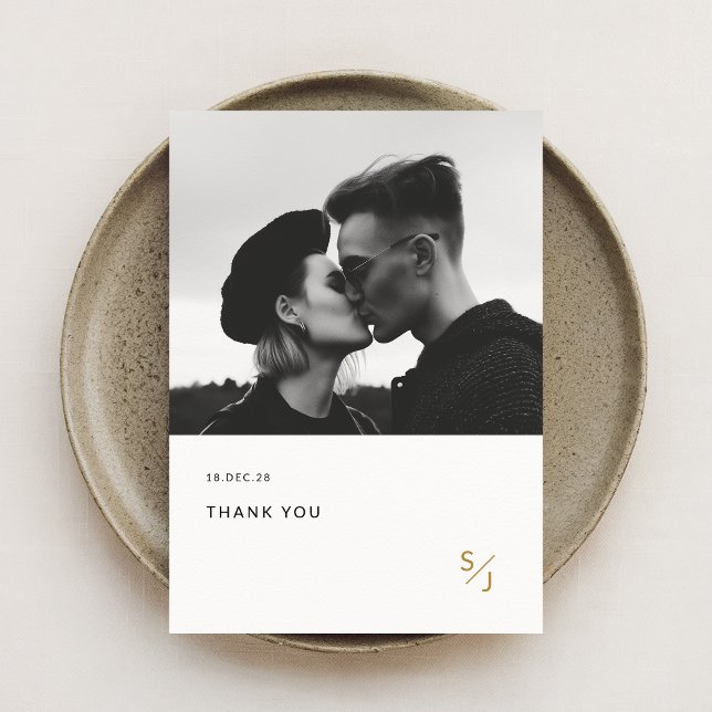 Minimalist Modern Gold Typography Photo Wedding Thank You Card (Creator Uploaded)