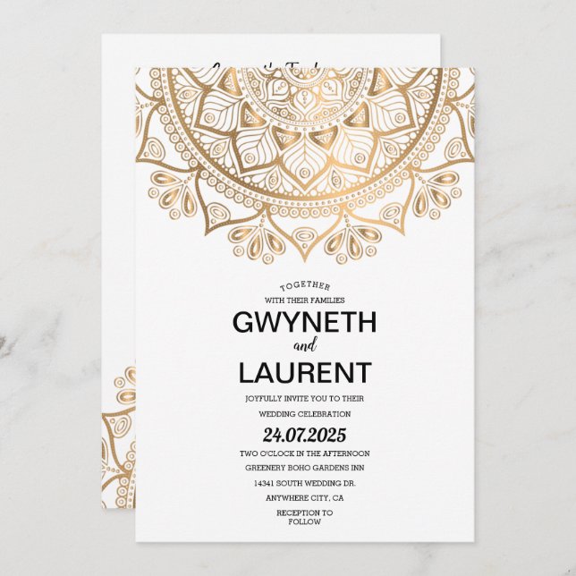 Minimalist Modern Golden Luxury Mandala Wedding Invitation (Front/Back)