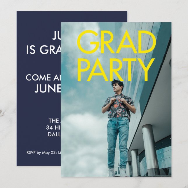 Minimalist Modern Grad Party Typography Bold Cool Invitation (Front/Back)