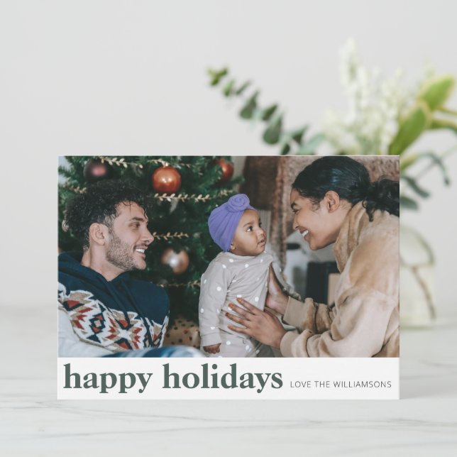 Minimalist Modern Green Typography Wide Photo  Holiday Card (Standing Front)