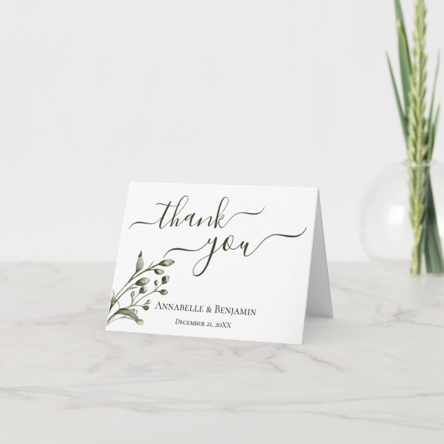Minimalist Modern Green + White Wedding Thank You Card (Front)