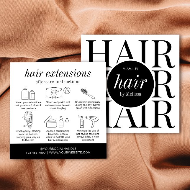 Minimalist Modern Hairstylist Hair Extensions Care Square Business Card (Modern hair extensions aftercare instructions business cards with step-by-step icons)