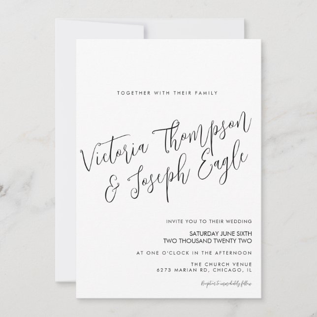 Minimalist Modern Hand Script Black White Wedding  Invitation (Front)