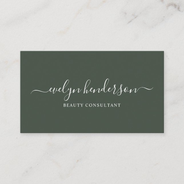 Minimalist Modern Handwritten Calligraphy Green Business Card (Front)