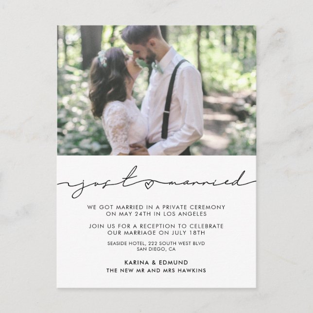 Minimalist modern handwritten Just married Postcard (Front)
