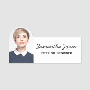 Minimalist Modern handwritten script photo White Name Tag