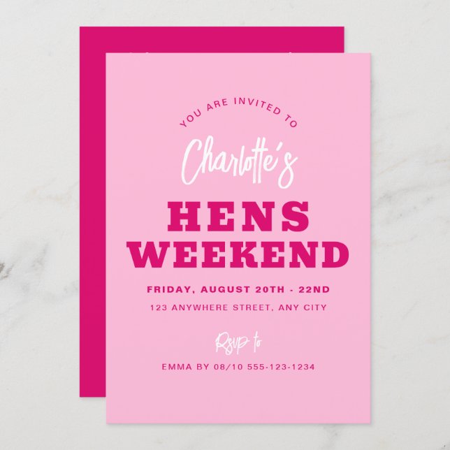 Minimalist Modern Hot Pink Hens Weekend Itinerary Invitation (Front/Back)