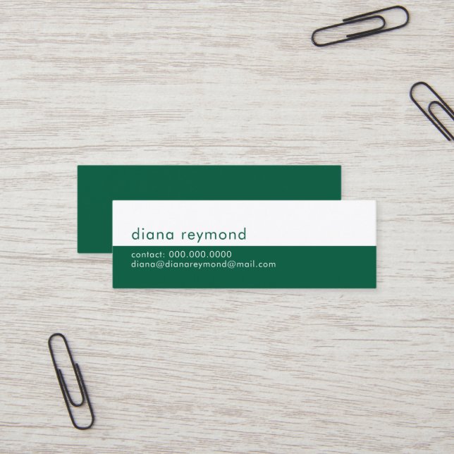 Minimalist Modern Hunter-Green and White Mini Business Card (Front/Back In Situ)