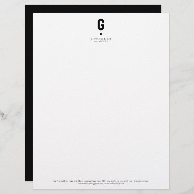 Minimalist Modern Initial in Black Custom Letterhead (Front/Back)