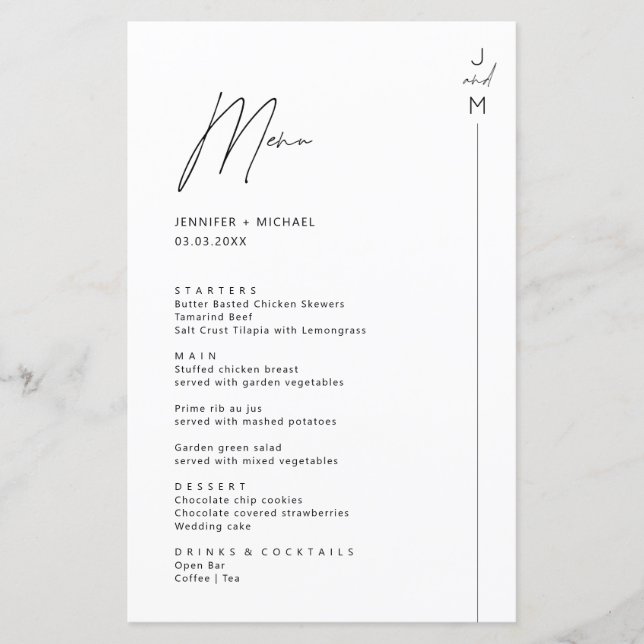 Minimalist Modern Initials Menu Card (Front)