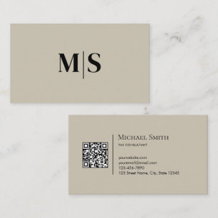 Minimalist Modern Initials QRCode Black on Beige Business Card