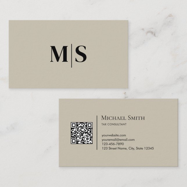 Minimalist Modern Initials QRCode Black on Beige Business Card (Front/Back)