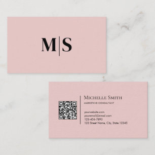 Minimalist Modern Initials QRCode Black on Pink Business Card
