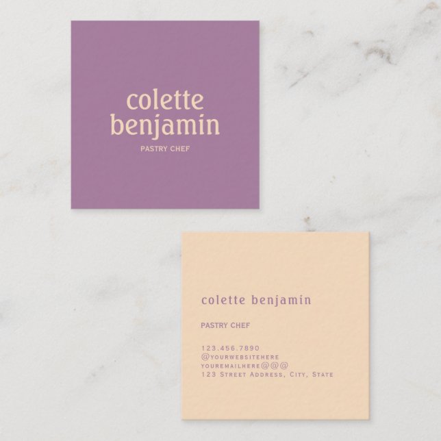 Minimalist Modern Lavender Purple & Pale Peach Square Business Card (Front/Back)