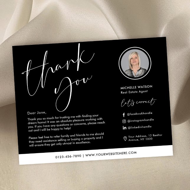 Minimalist Modern Logo Real Estate Photo Thank You Card (Minimalist black and white real estate agent thank you cards with photo and logo)