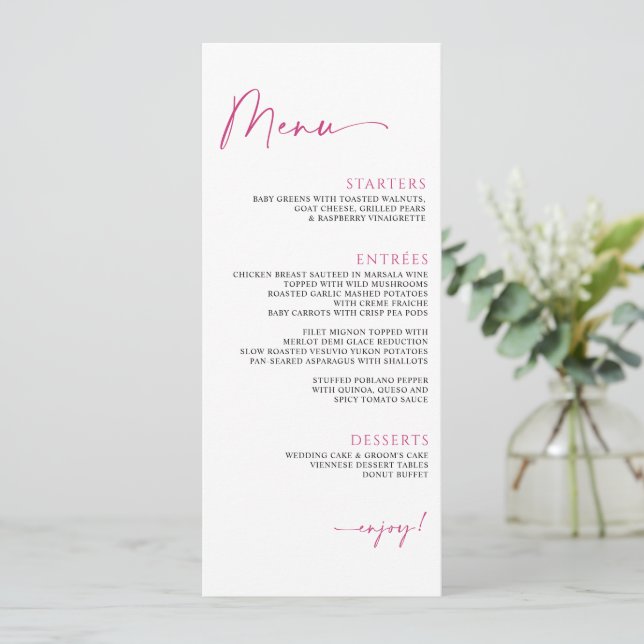 Minimalist Modern Magenta Pink Wedding Menu (Standing Front)