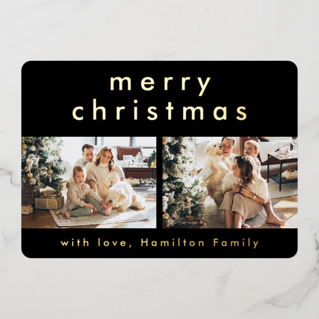 Minimalist Modern Merry Christmas Two Photo Foil Holiday Card (Front)