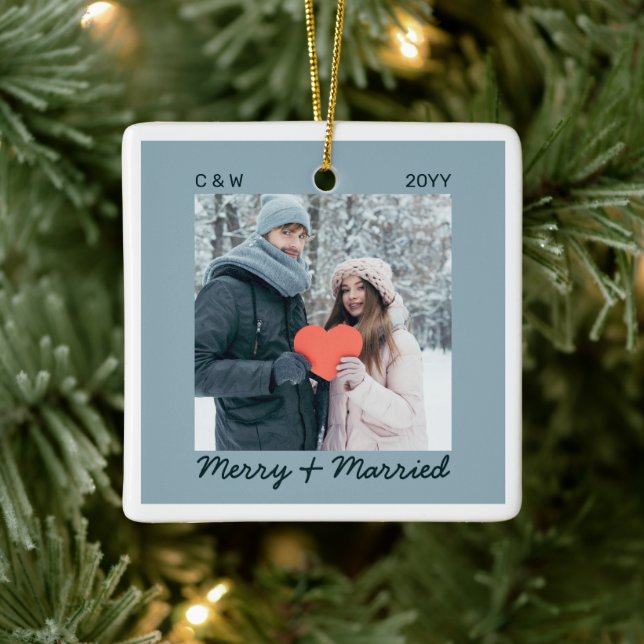 Minimalist Modern Merry Married Newly Weds Photo  Ceramic Ornament (Tree)