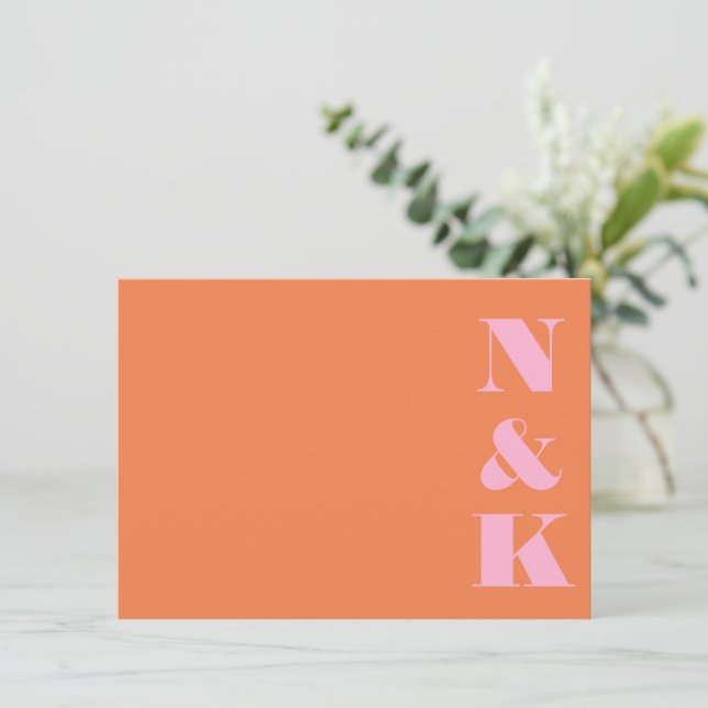Minimalist Modern Monogram Pink and Orange Wedding Card (Standing Front)