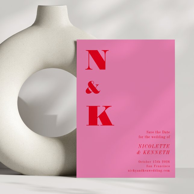 Minimalist Modern Monogram Pink Red Bold Wedding  Save The Date (Creator Uploaded)