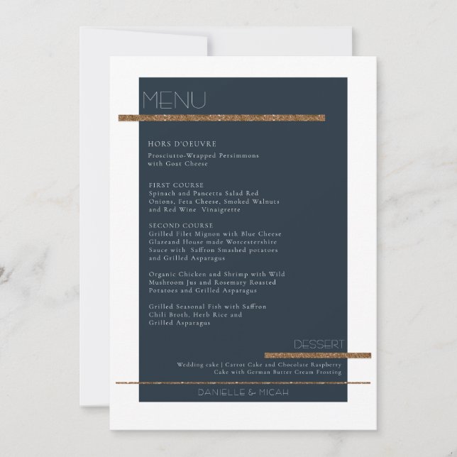 Minimalist Modern Navy Antiqued Gold White Menu Invitation (Front)