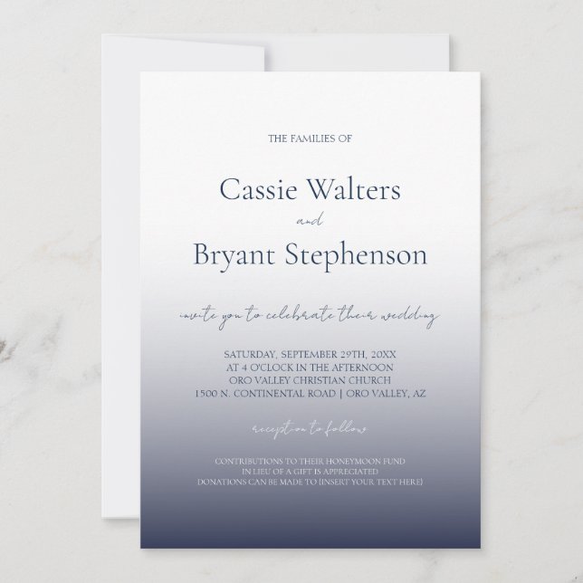 Minimalist Modern Navy Blue Fade Chic Wedding Invitation (Front)