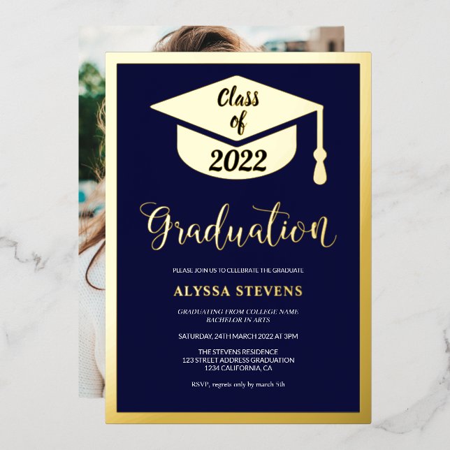 Minimalist modern navy gold graduation photo (Front/Back)