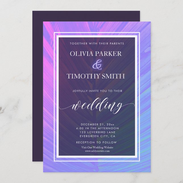 Minimalist Modern Neon Tropical Palm Wedding Invitation (Front/Back)