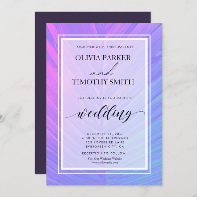 Minimalist Modern Neon Tropical Palm Wedding Invitation (Front/Back)