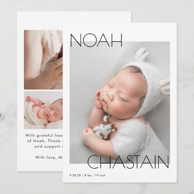 Minimalist Modern Newborn Baby Photo Collage Birth Announcement (Front/Back)