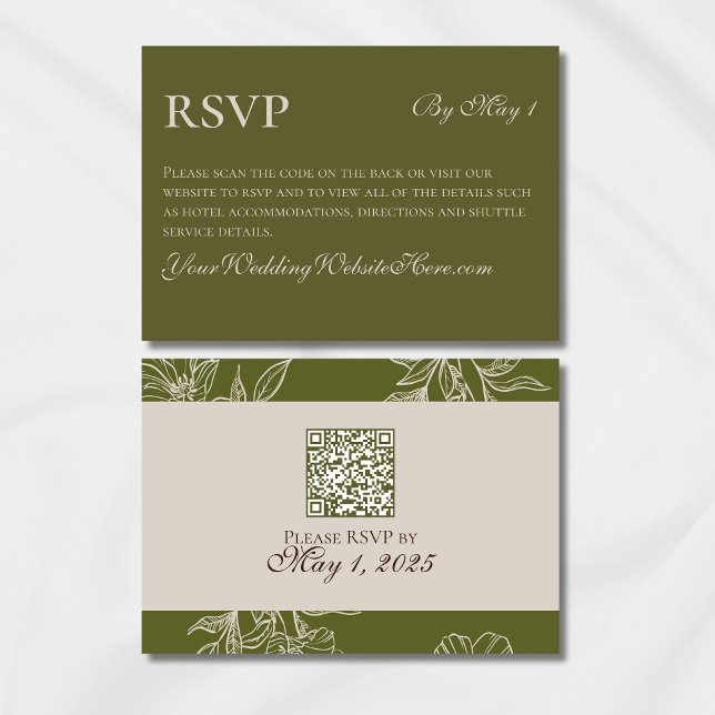 Minimalist Modern Olive Green Wedding QR RSVP Card (Modern Elegant Mousse Brown Wedding Suite Theme with options to personalize for your special day.)