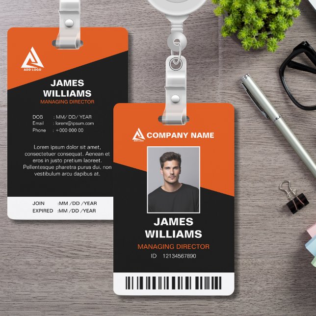 Minimalist Modern Orange & Black with Barcode ID ID Badge (Creator Uploaded)