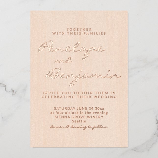 Minimalist Modern Peach Script Wedding Rose Gold (Front)