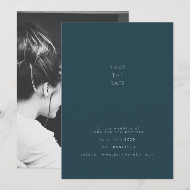 Minimalist Modern Photo Elegant Dark Teal Wedding Save The Date (Front/Back)