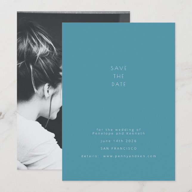 Minimalist Modern Photo Elegant Teal Blue Wedding Save The Date (Front/Back)