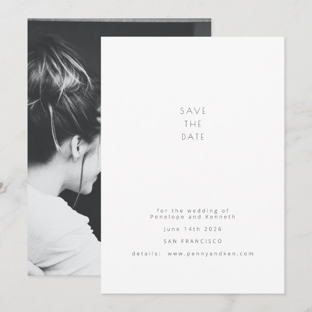 Minimalist Modern Photo Elegant White Wedding Save The Date (Front/Back)