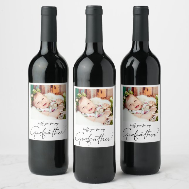 Minimalist Modern Photo Godfater Proposal  Wine Label (Bottles)