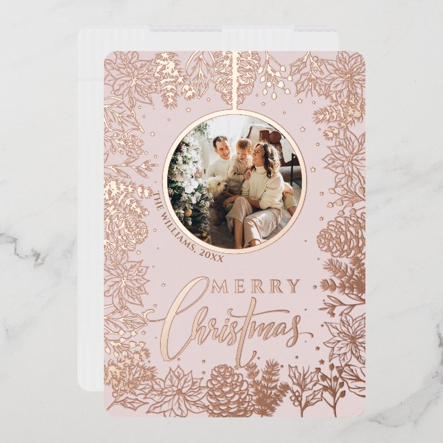 Minimalist Modern Photo Pink Christmas  Foil Holiday Card (Envelope)