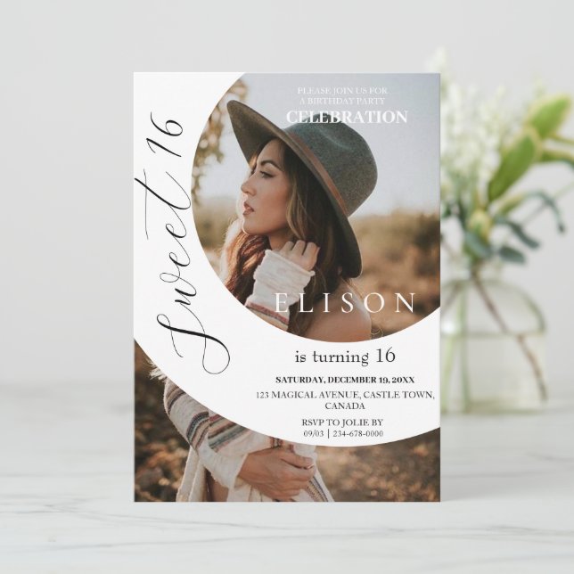 Minimalist Modern Photo Script Sweet 16 Birthday  Invitation (Standing Front)