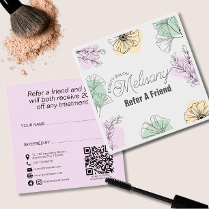 Minimalist Modern Pink Gold Green Floral Line Art Referral Card