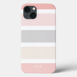 Minimalist Modern Pink Grey Cream Stripes Monogram iPhone 13 Case