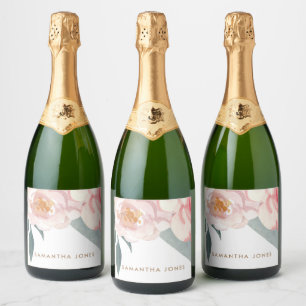 Minimalist Modern Pink Peonie Floral Watercolor Sparkling Wine Label