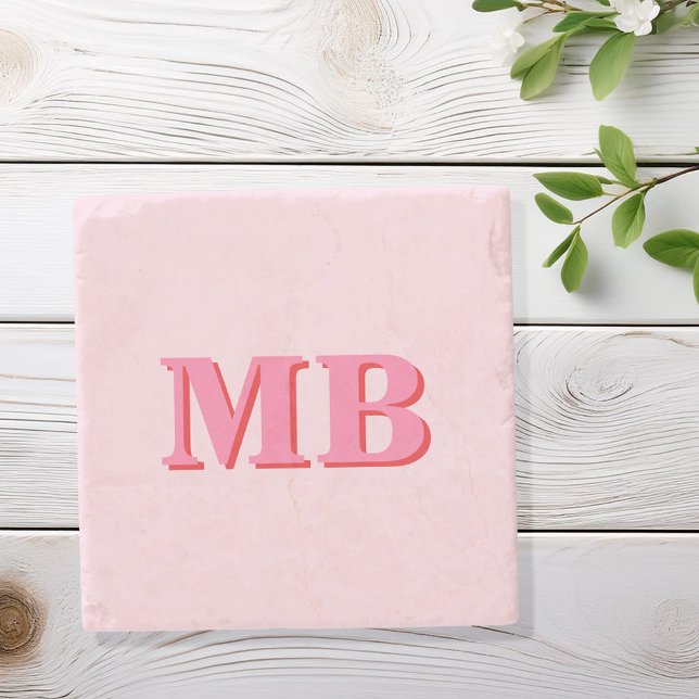 Minimalist Modern Pink Red Initial Monogram Stone Coaster (Creator Uploaded)