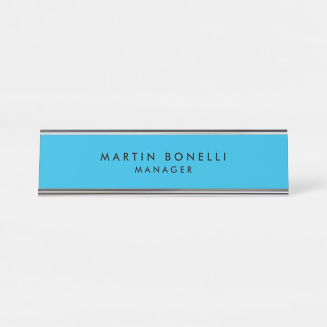 Minimalist Modern Plain Blue Desk Name Plate (Front)