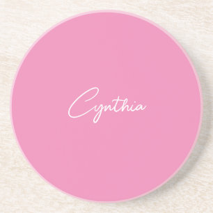 Minimalist Modern Plain Calligraphy Add Name Pink Coaster