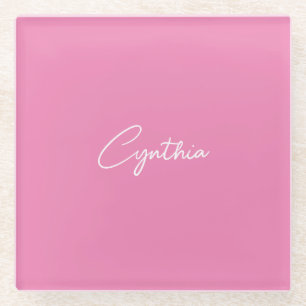 Minimalist Modern Plain Calligraphy Add Name Pink Glass Coaster